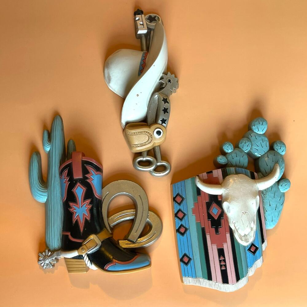 Vintage 1995 Burwood Western Wall Decor 3pc Cowboy Boots Cactus Skull USA